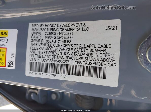 1HGCV2F30MA020276 2021 HONDA ACCORD Gray Vista del compartimento del motor