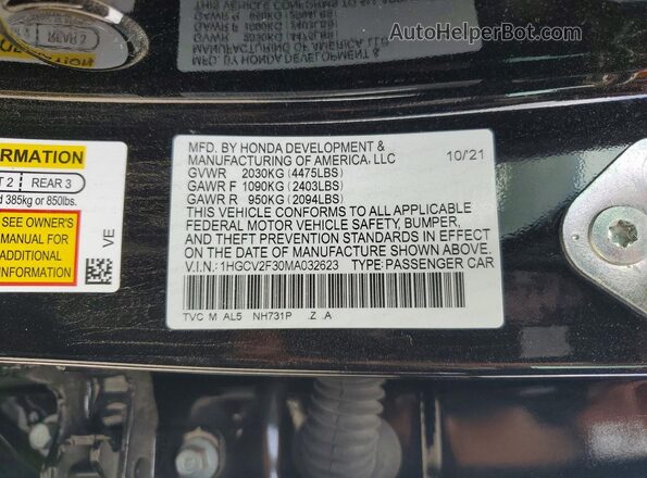 1HGCV2F30MA032623 2021 HONDA ACCORD Черный Вид подкапотного пространства