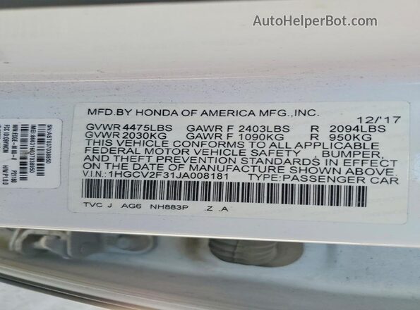 1HGCV2F31JA008181 2018 HONDA ACCORD White Vista de la etiqueta del VIN