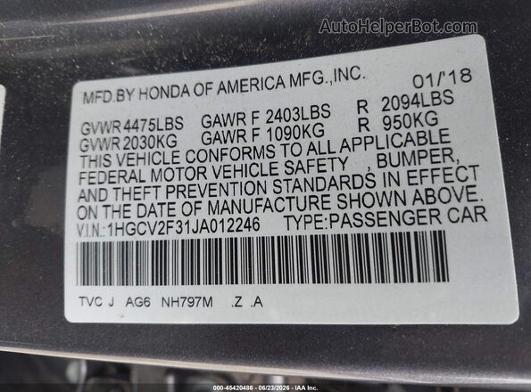 1HGCV2F31JA012246 2018 HONDA ACCORD Gray Вид підкапотного простору