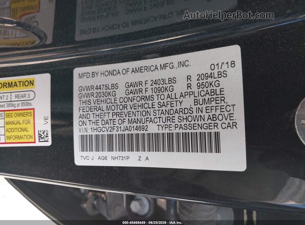 1HGCV2F31JA014692 2018 HONDA ACCORD Black Engine compartment view