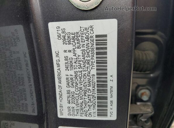 1HGCV2F31KA027119 2019 HONDA ACCORD Gray Вид підкапотного простору