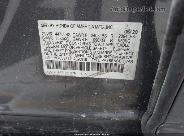 1HGCV2F31LA020818 2020 HONDA ACCORD Серый Вид подкапотного пространства