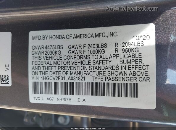 1HGCV2F31LA031821 2020 HONDA ACCORD Gray 