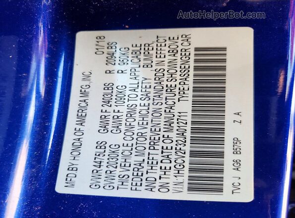 1HGCV2F32JA012711 2018 HONDA ACCORD Blue Շարժիչի բաժամունքի տեսք
