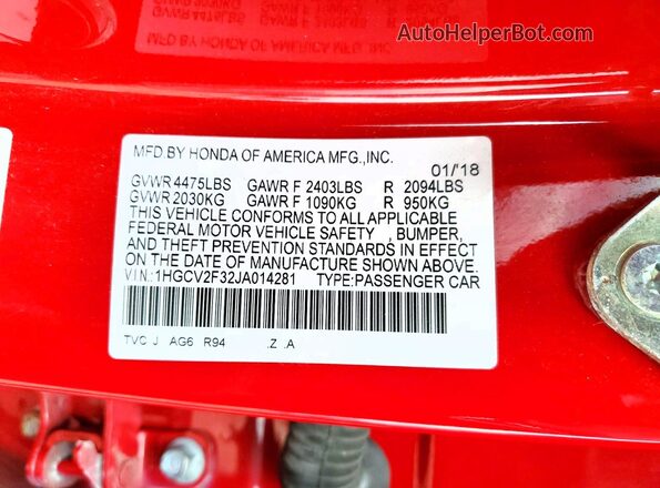 1HGCV2F32JA014281 2018 HONDA ACCORD Red ძრავის განყოფილების ხედი