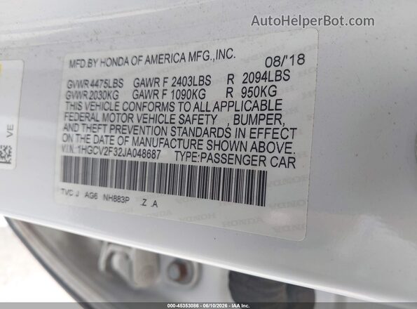 1HGCV2F32JA048687 2018 HONDA ACCORD White Widok komory silnika