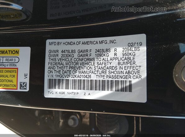 1HGCV2F32KA010426 2019 HONDA ACCORD Black Շարժիչի բաժամունքի տեսք