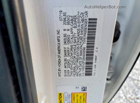 1HGCV2F32KA032040 2019 HONDA ACCORD White 