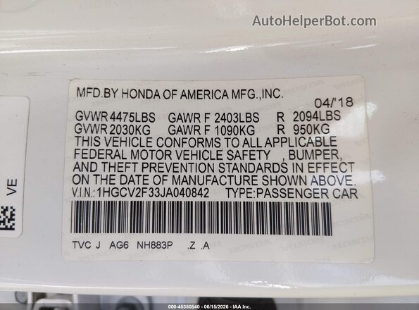 1HGCV2F33JA040842 2018 HONDA ACCORD White Engine compartment view