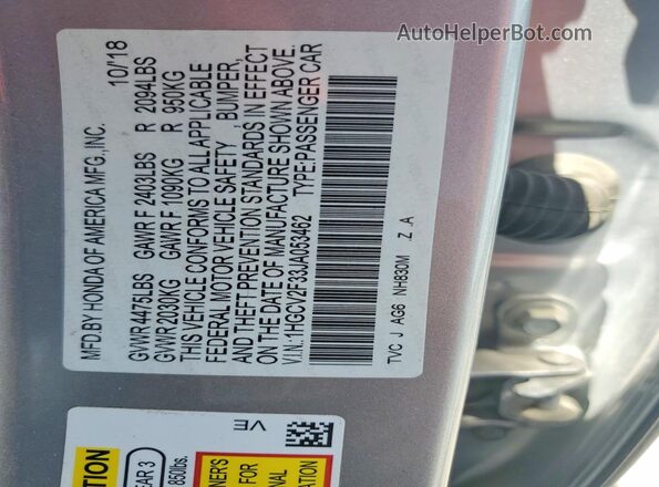 1HGCV2F33JA053462 2018 HONDA ACCORD Silver Вид підкапотного простору