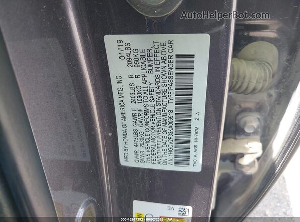 1HGCV2F33KA006918 2019 HONDA ACCORD Gray Вид підкапотного простору
