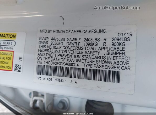 1HGCV2F33KA008314 2019 HONDA ACCORD White Շարժիչի բաժամունքի տեսք