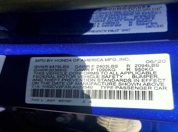 1HGCV2F33LA022540 2020 HONDA ACCORD Blue 