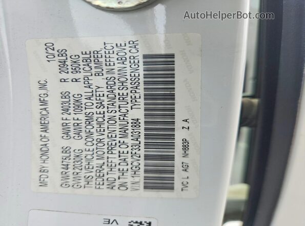 1HGCV2F33LA031884 2020 HONDA ACCORD Белый Вид подкапотного пространства
