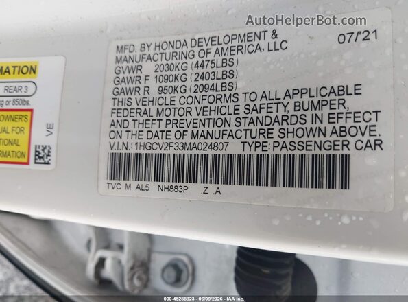 1HGCV2F33MA024807 2021 HONDA ACCORD Белый Вид подкапотного пространства
