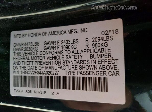 1HGCV2F34JA020227 2018 HONDA ACCORD Black VIN կոդի պիտակի տեսք