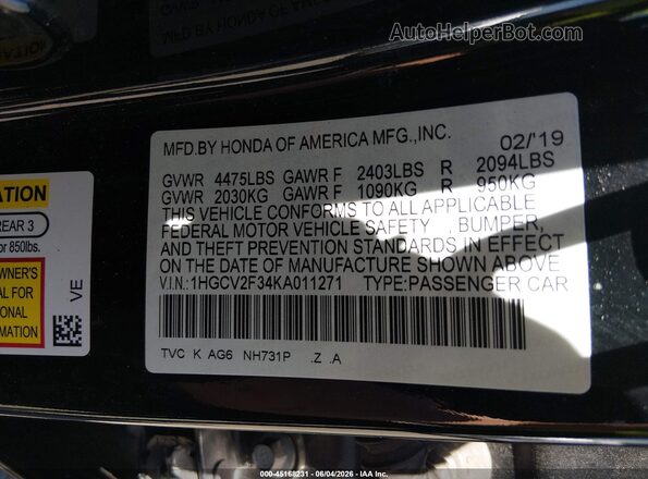 1HGCV2F34KA011271 2019 HONDA ACCORD Черный 