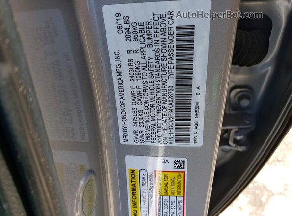 1HGCV2F34KA028720 2019 HONDA ACCORD Silver Widok komory silnika
