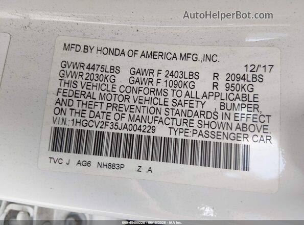 1HGCV2F35JA004229 2018 HONDA ACCORD Белый Вид подкапотного пространства