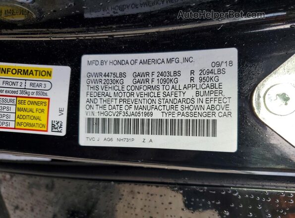 1HGCV2F35JA051969 2018 HONDA ACCORD Black VIN կոդի պիտակի տեսք