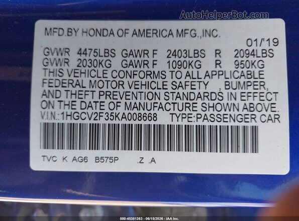 1HGCV2F35KA008668 2019 HONDA ACCORD Blue Vista del compartimento del motor