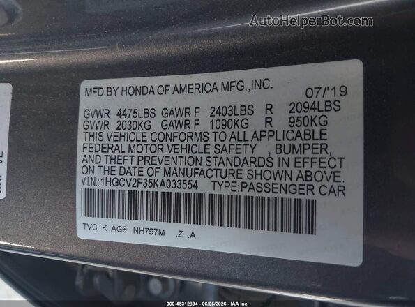 1HGCV2F35KA033554 2019 HONDA ACCORD Gray 