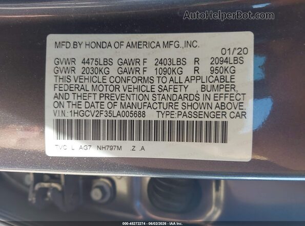 1HGCV2F35LA005688 2020 HONDA ACCORD Gray 