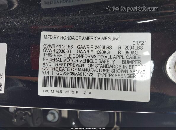1HGCV2F35MA010472 2021 HONDA ACCORD Black ძრავის განყოფილების ხედი