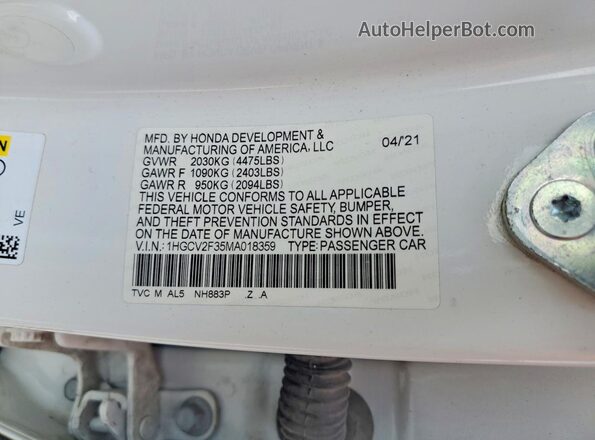 1HGCV2F35MA018359 2021 HONDA ACCORD Белый Вид наклейки с VIN-кодом