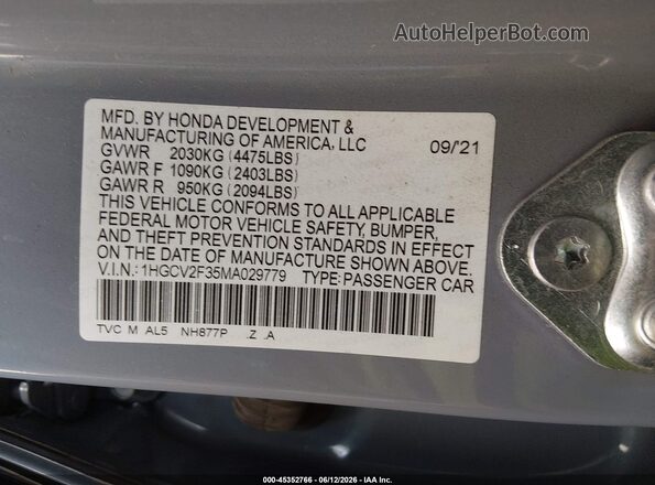 1HGCV2F35MA029779 2021 HONDA ACCORD Gray Engine compartment view