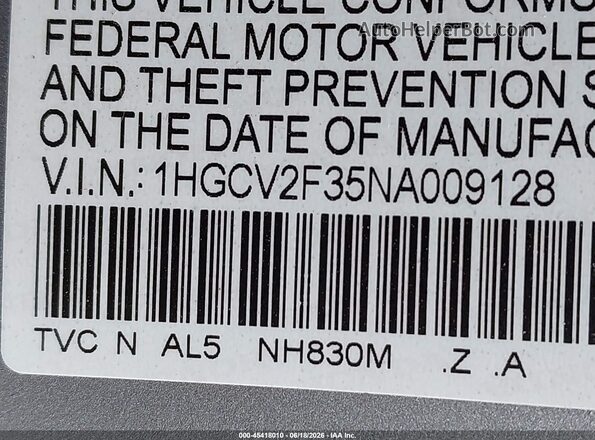 1HGCV2F35NA009128 2022 HONDA ACCORD Silver ძრავის განყოფილების ხედი