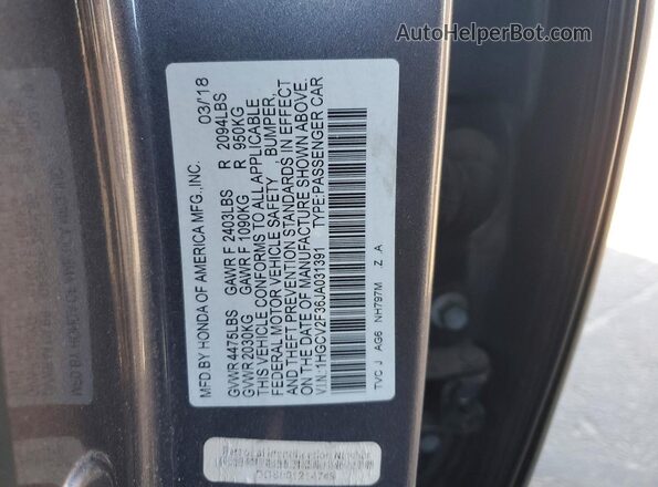 1HGCV2F36JA031391 2018 HONDA ACCORD Charcoal 