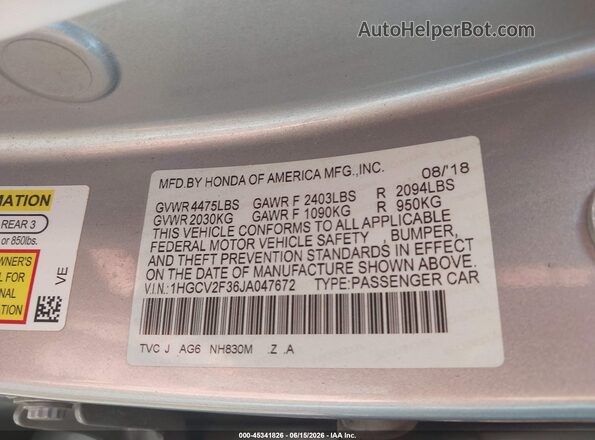1HGCV2F36JA047672 2018 HONDA ACCORD Silver Вид підкапотного простору