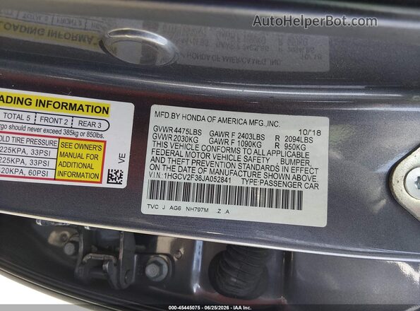 1HGCV2F36JA052841 2018 HONDA ACCORD Gray Շարժիչի բաժամունքի տեսք