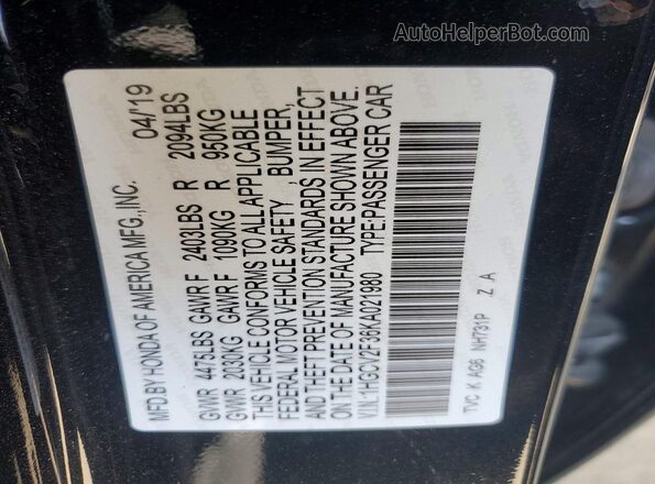 1HGCV2F36KA021980 2019 HONDA ACCORD Black Շարժիչի բաժամունքի տեսք