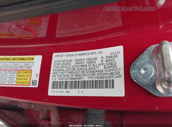 1HGCV2F36MA009671 2021 HONDA ACCORD Красный Вид подкапотного пространства