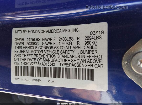1HGCV2F37KA015542 2019 HONDA ACCORD Blue Vista del compartimento del motor