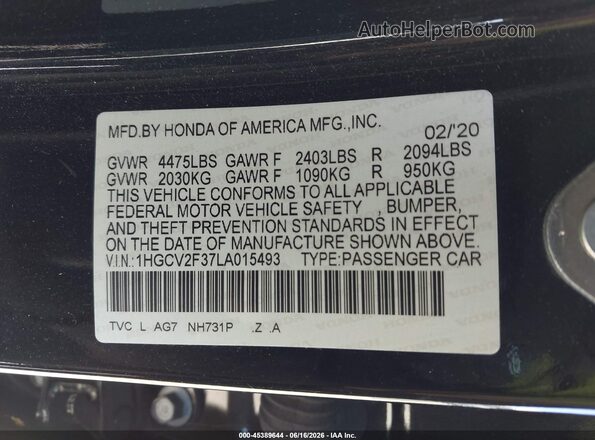 1HGCV2F37LA015493 2020 HONDA ACCORD Black Engine compartment view