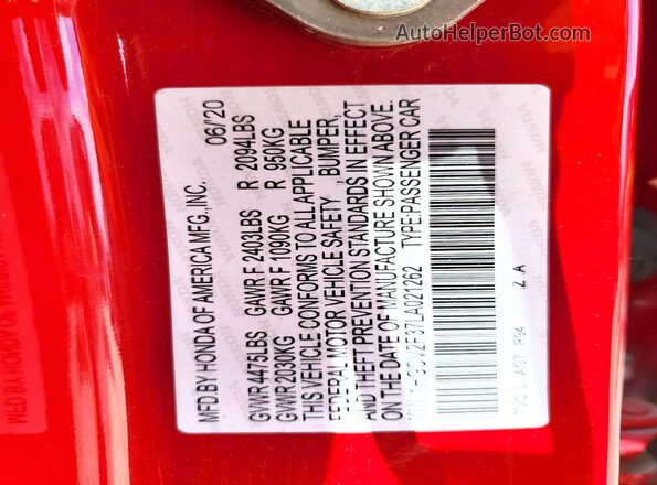 1HGCV2F37LA021262 2020 HONDA ACCORD Red Вид підкапотного простору