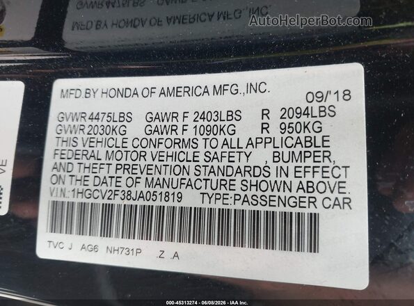 1HGCV2F38JA051819 2018 HONDA ACCORD Black ძრავის განყოფილების ხედი