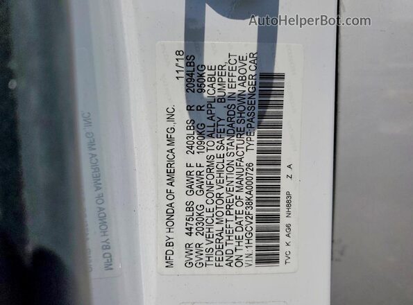1HGCV2F38KA000726 2019 HONDA ACCORD White Widok komory silnika