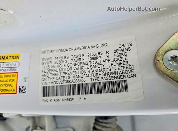 1HGCV2F38KA033953 2019 HONDA ACCORD White Widok komory silnika