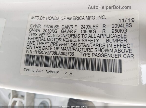 1HGCV2F38LA002736 2020 HONDA ACCORD White Widok komory silnika