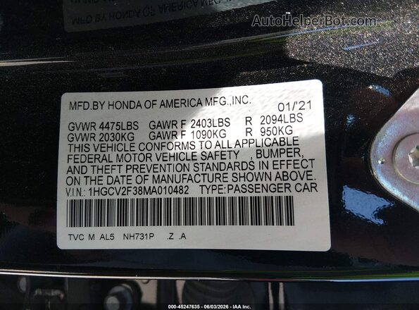 1HGCV2F38MA010482 2021 HONDA ACCORD Black ძრავის განყოფილების ხედი
