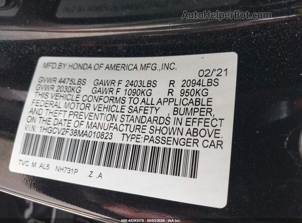 1HGCV2F38MA010823 2021 HONDA ACCORD Black Vista del compartimento del motor