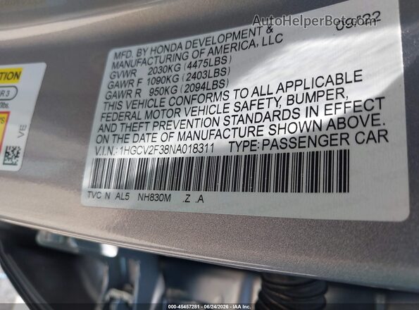1HGCV2F38NA018311 2022 HONDA ACCORD Серебряный Вид подкапотного пространства