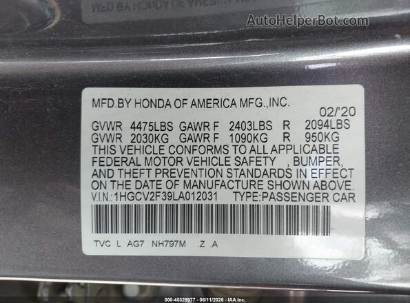 1HGCV2F39LA012031 2020 HONDA ACCORD Gray ძრავის განყოფილების ხედი
