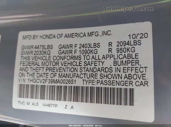1HGCV2F39MA002651 2021 HONDA ACCORD Gray Engine compartment view