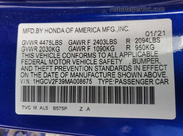 1HGCV2F39MA008675 2021 HONDA ACCORD Blue 